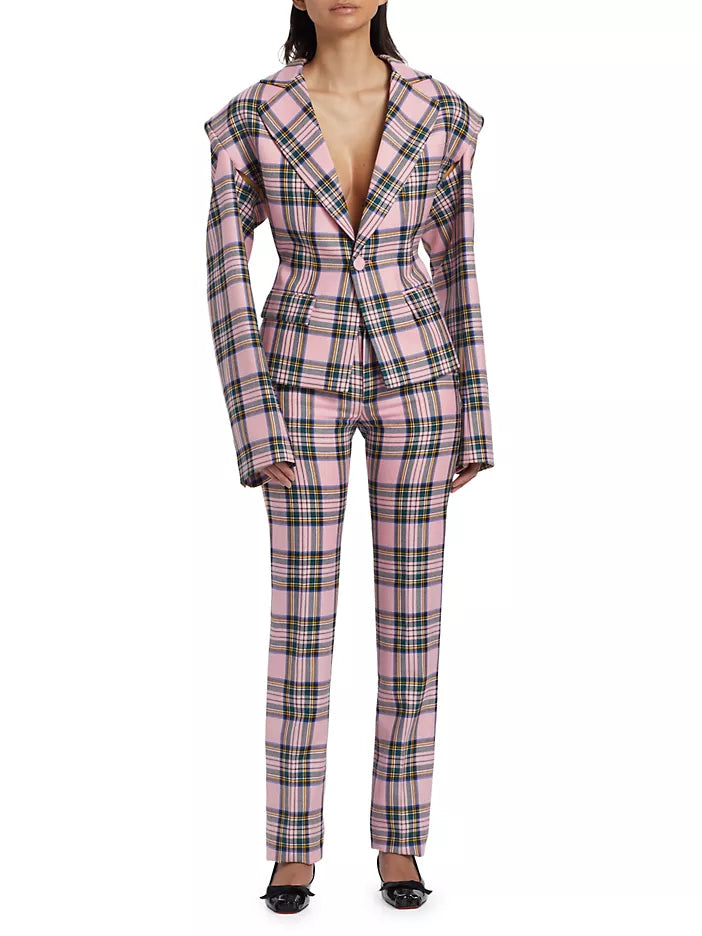 AREA HEART-ACCENTED PLAID WOOL CUT-OUT BLAZER