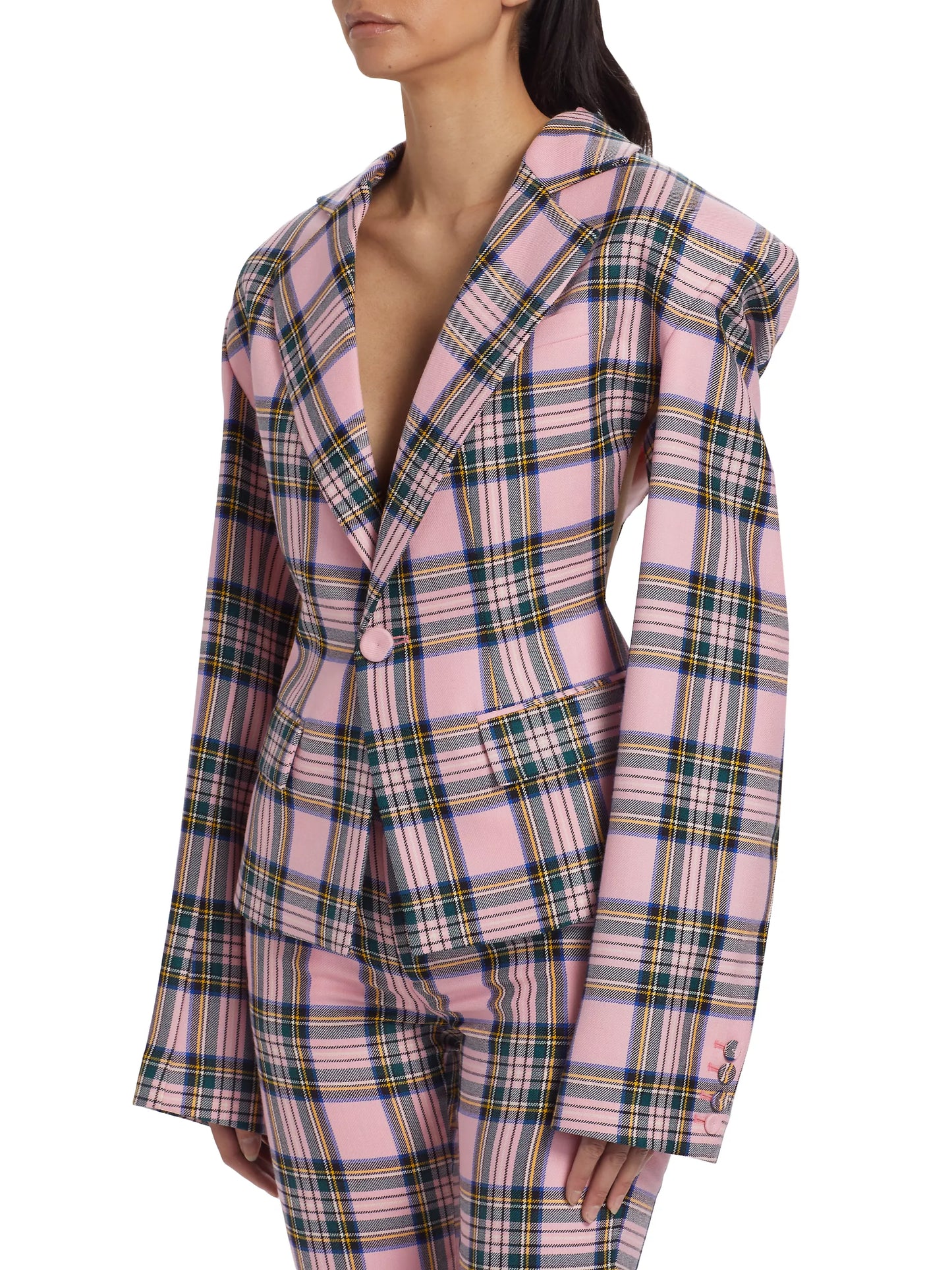 AREA HEART-ACCENTED PLAID WOOL CUT-OUT BLAZER