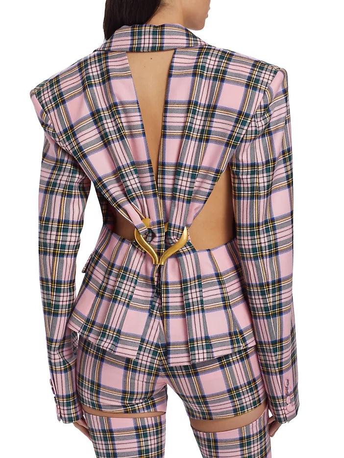 AREA HEART-ACCENTED PLAID WOOL CUT-OUT BLAZER