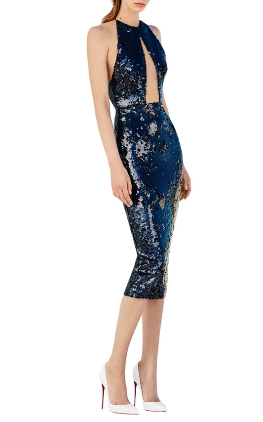 ALEX PERRY SEQUIN HALTERNECK MIDI DRESS