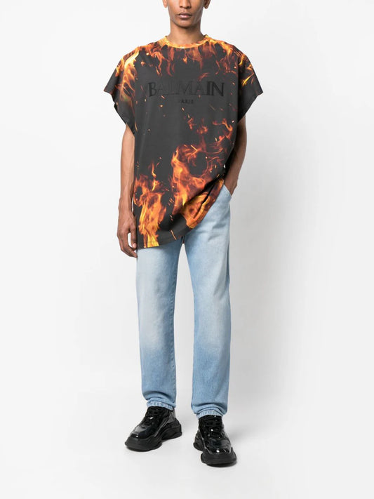 BALMAIN ALLOVER FIRE PRINT LOGO TEE