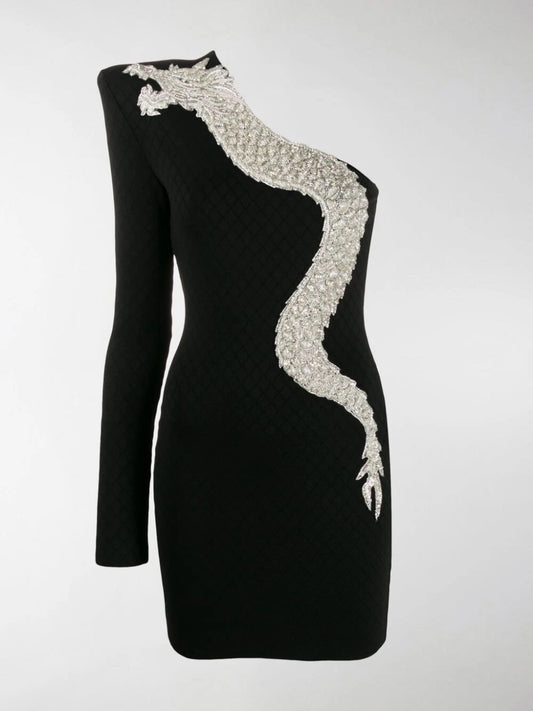 BALMAIN ONE SHOULDER DRAGON DRESS