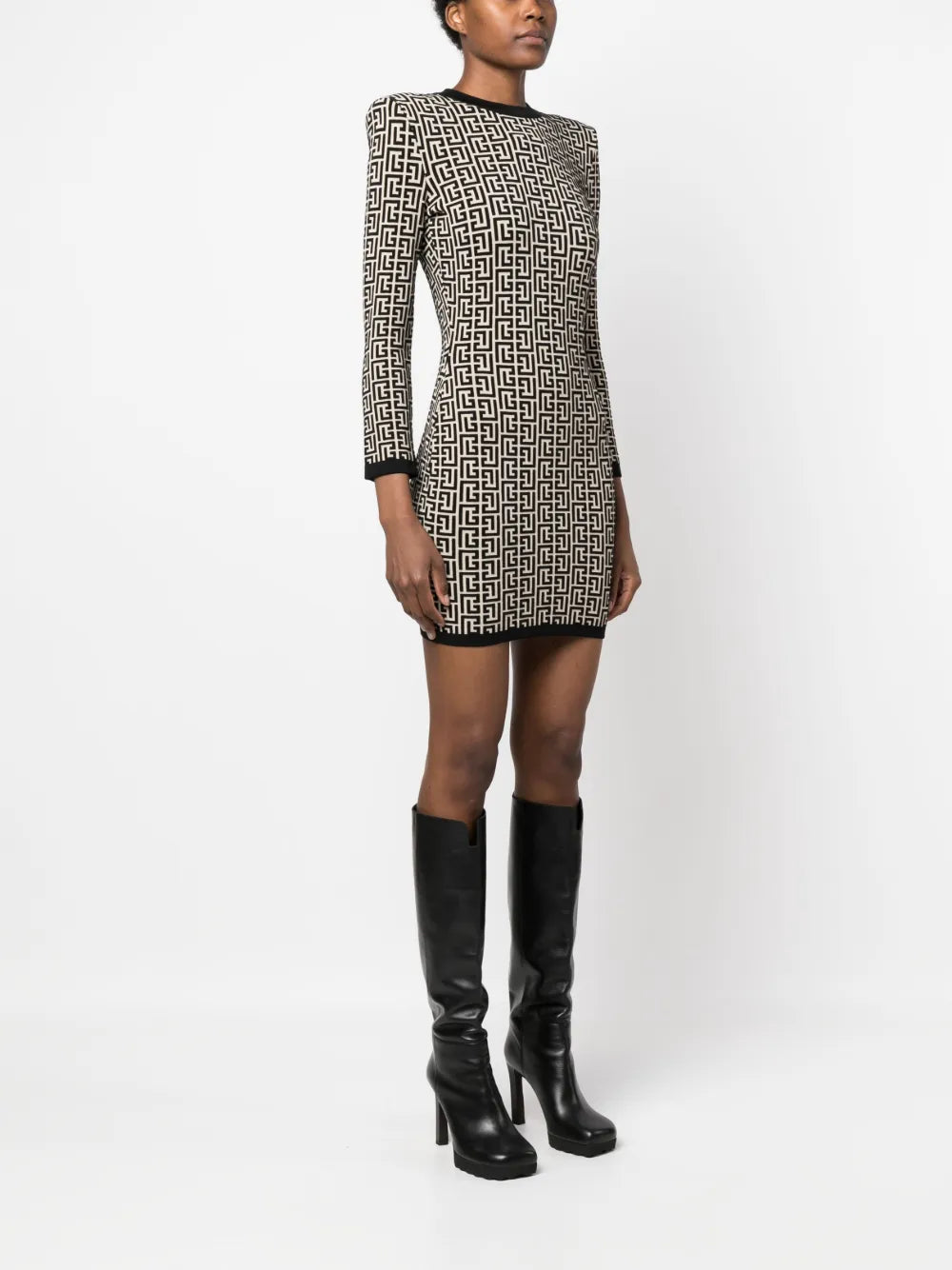 BALMAIN MONOGRAM PRINT WOOL BLEND DRESS