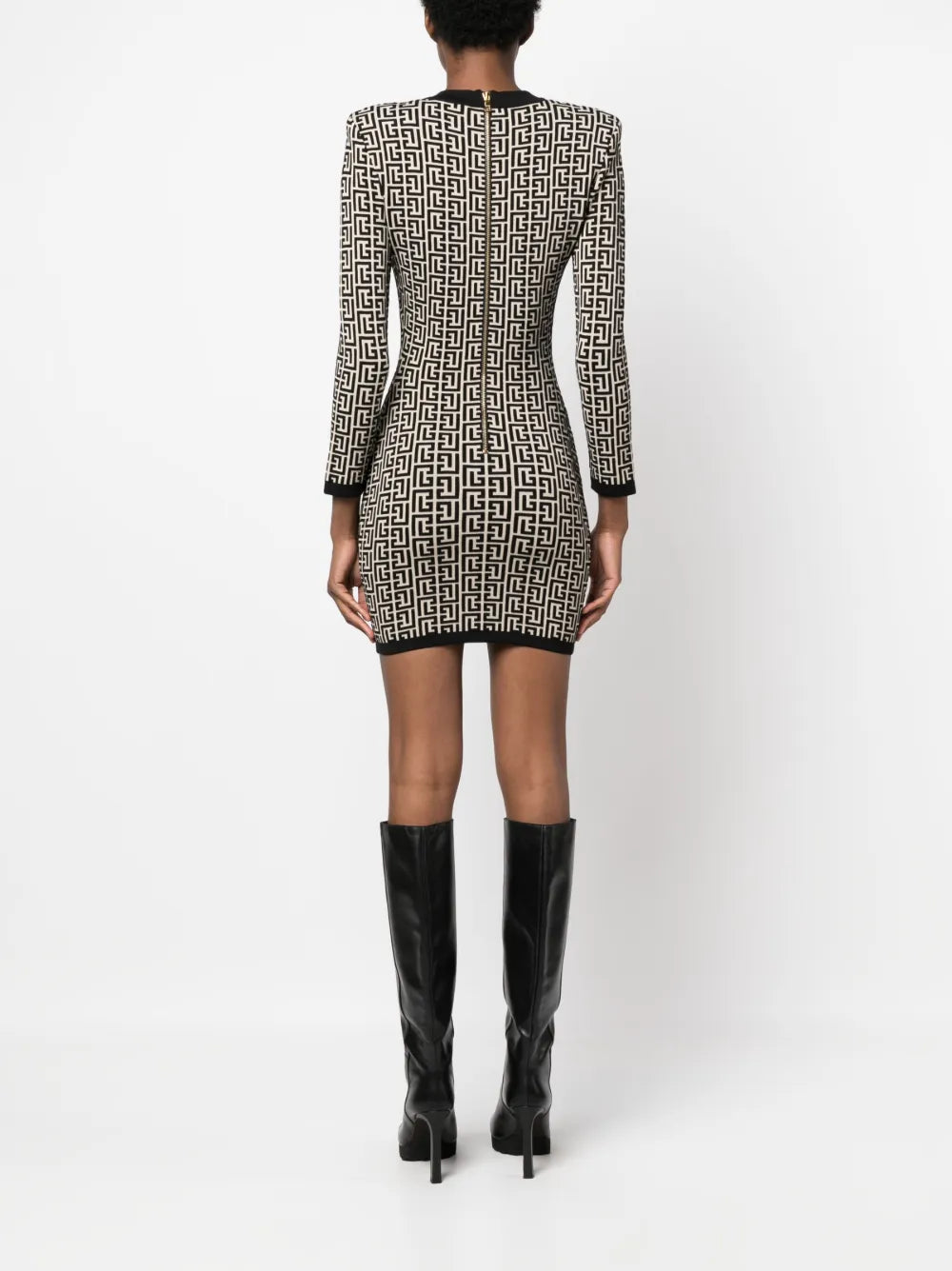 BALMAIN MONOGRAM PRINT WOOL BLEND DRESS