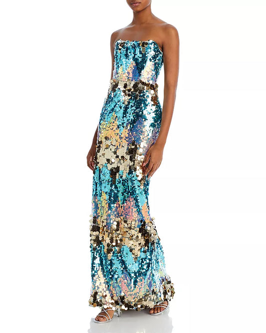 BRONX AND BANCO FARAH STRAPLESS SEQUIN GOWN, clothing rental