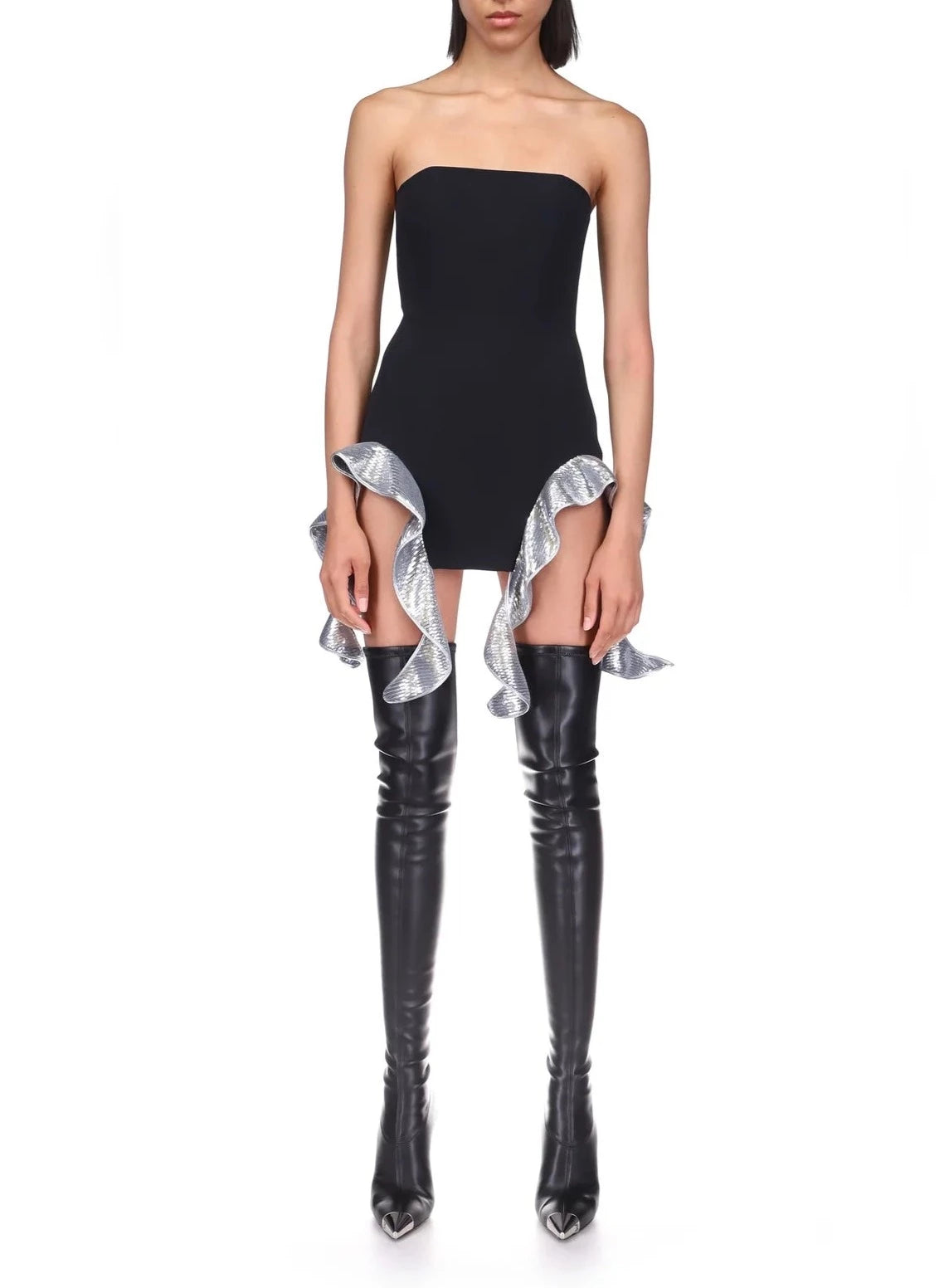 DAVID KOMA SEQUIN RUFFLE DOUBLE ARCH DRESS