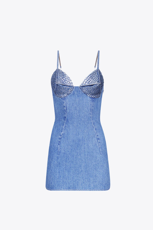 AREA DENIM CRYSTAL EMBELLISHED MINI DRESS