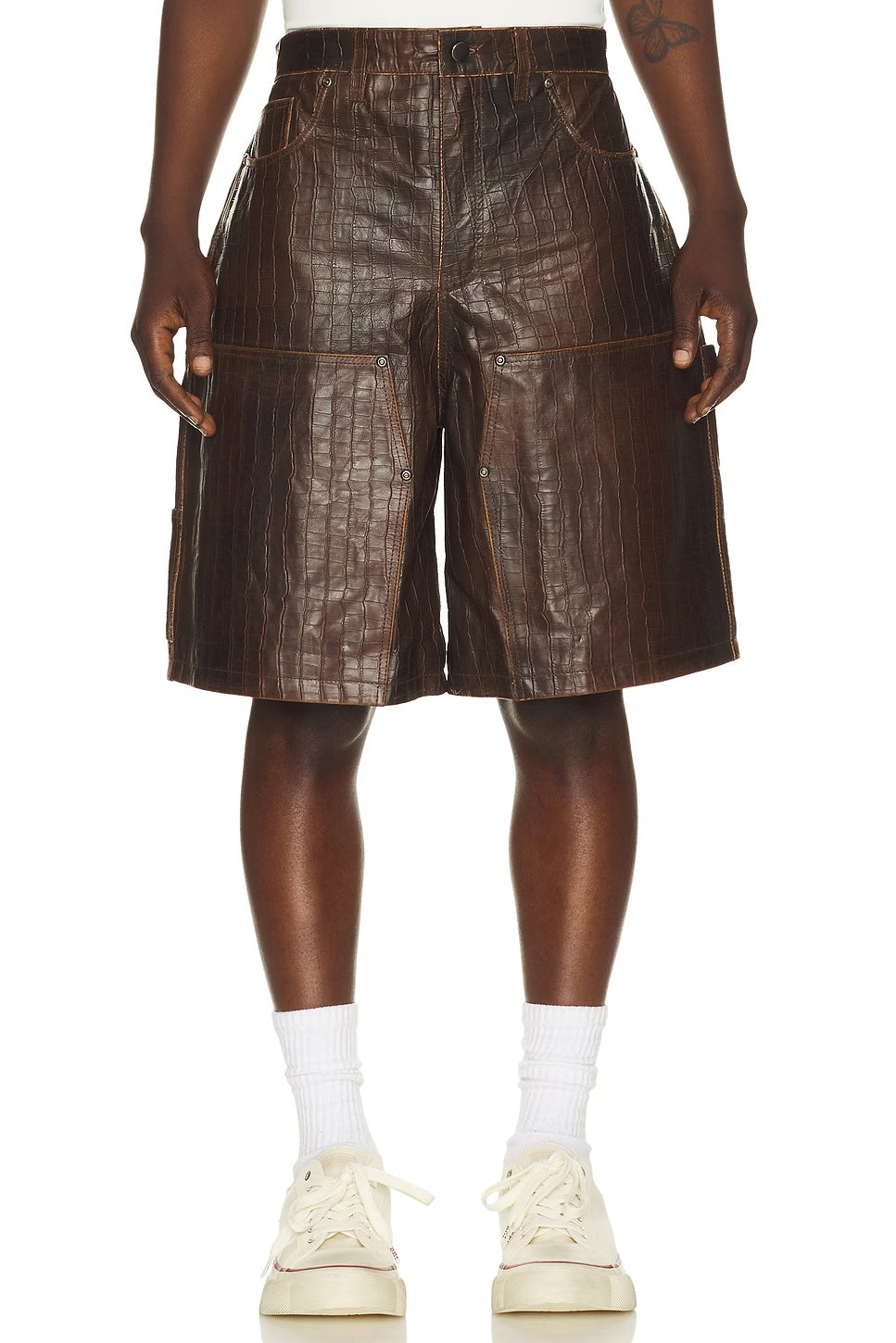 FOUND DISTRESSED CROC EMBOSSED LEATHER SHORTS