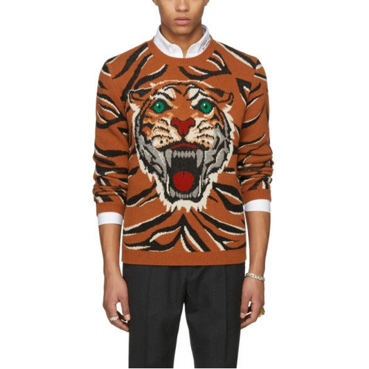 GUCCI ORANGE GUCCY TIGER INTARSIA SWEATER