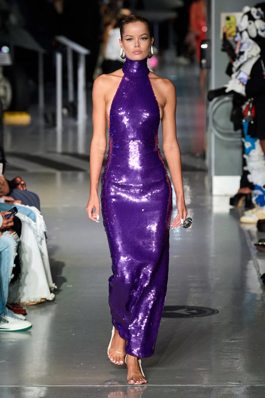 LAQUAN SMITH MOCK NECK SEQUIN OPEN BACK COLUMN GOWN