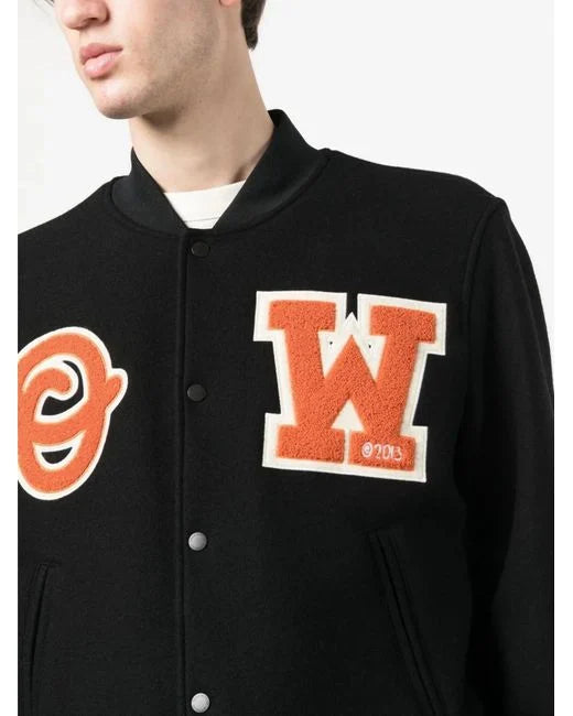 OFF-WHITE BLACK LOGO-PATCH VARSITY JACKET