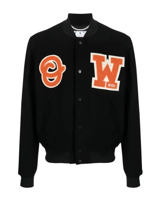 OFF-WHITE BLACK LOGO-PATCH VARSITY JACKET