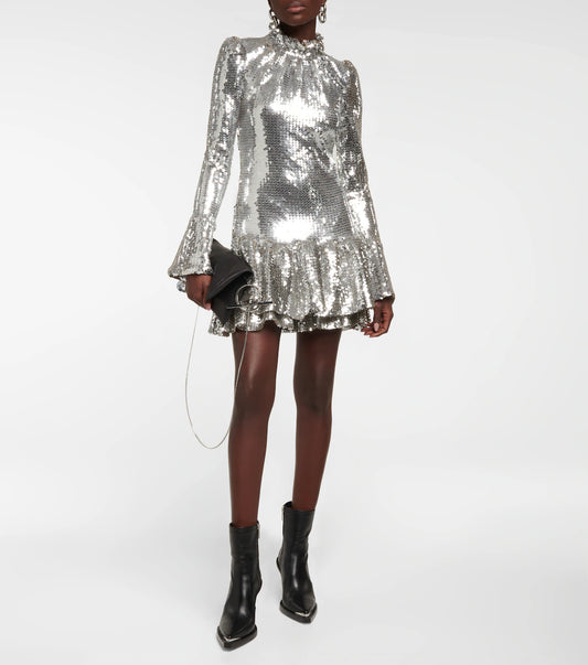 PACO RABANNE RUFFLE-TRIMMED SEQUINED MINIDRESS