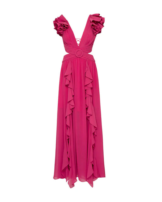 PATBO FLUTTER SLEEVE RUFFLE GOWN
