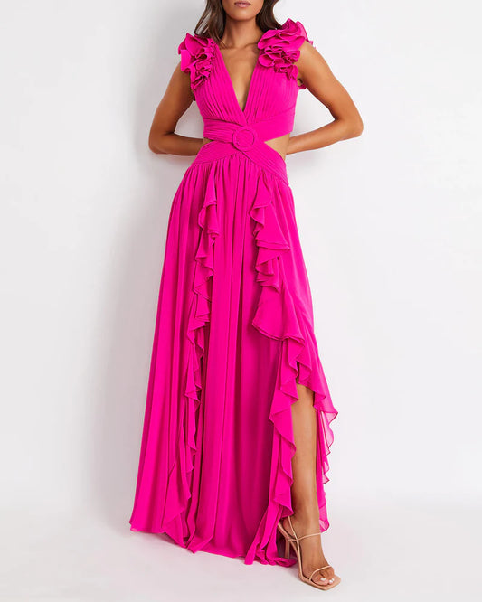 PATBO FLUTTER SLEEVE RUFFLE GOWN
