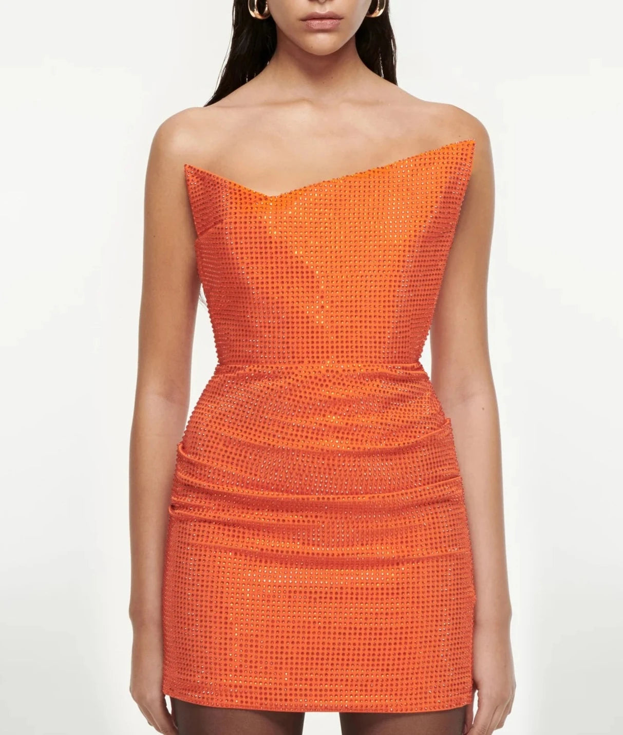 ROLAND MOURET ORANGE ASYMMETRIC DIAMANTE MINI DRESS