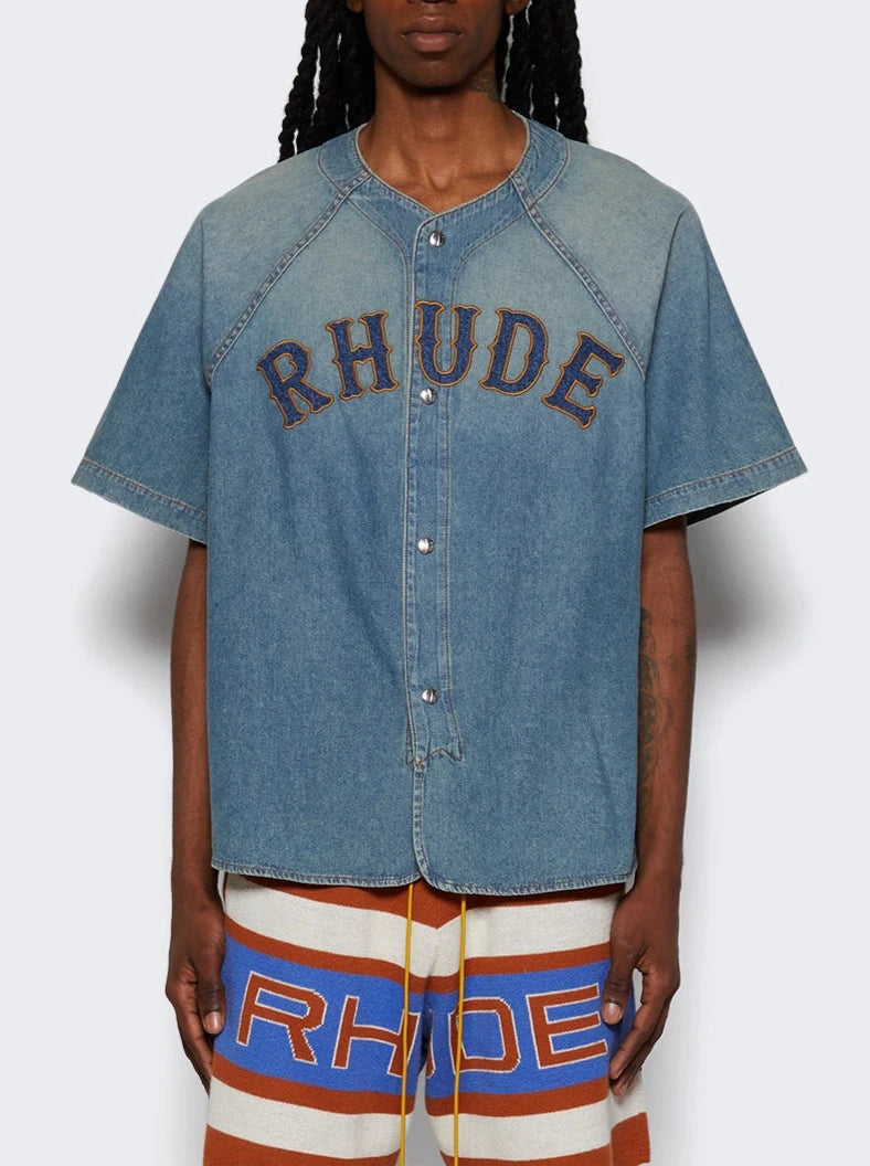 RHUDE DENIM BASEBALL JERSEY