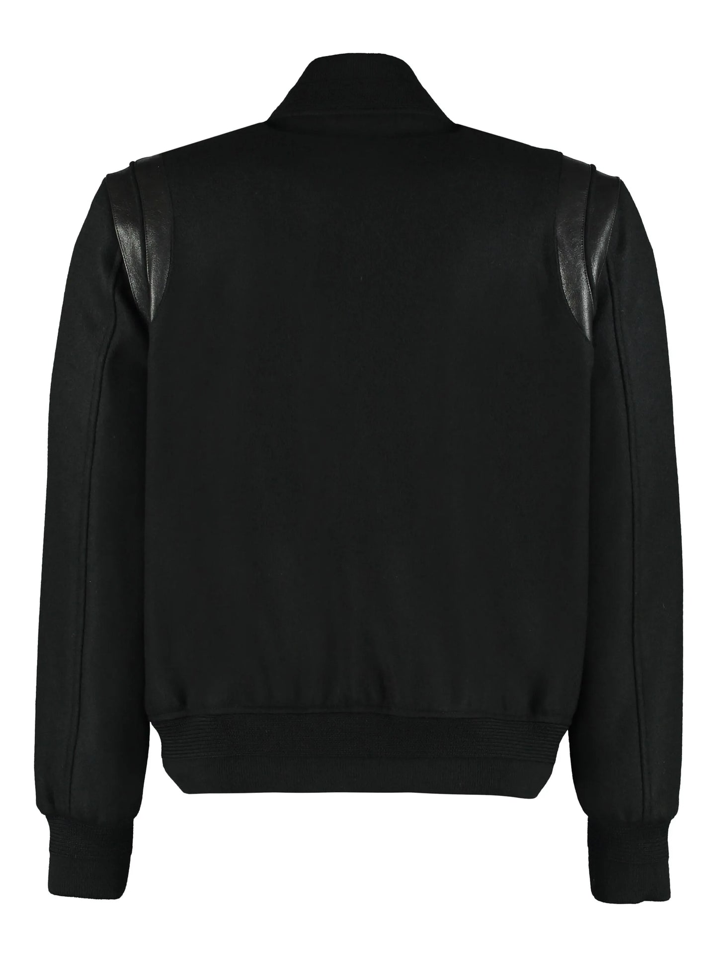 SAINT LAURENT LEATHER TRIM TEDDY VARSITY JACKET