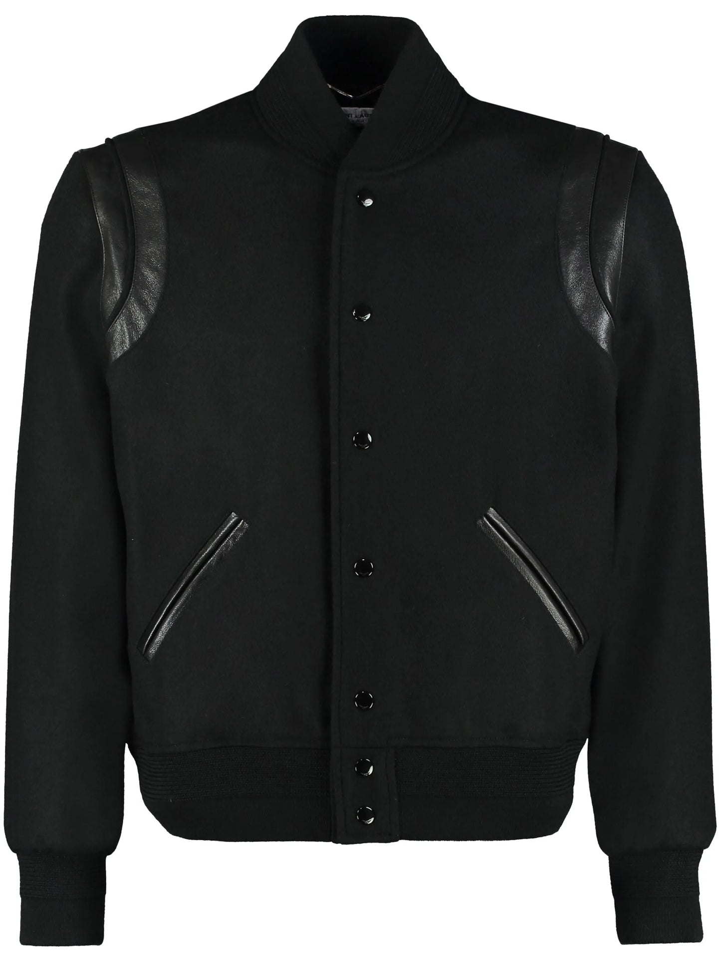 SAINT LAURENT LEATHER TRIM TEDDY VARSITY JACKET