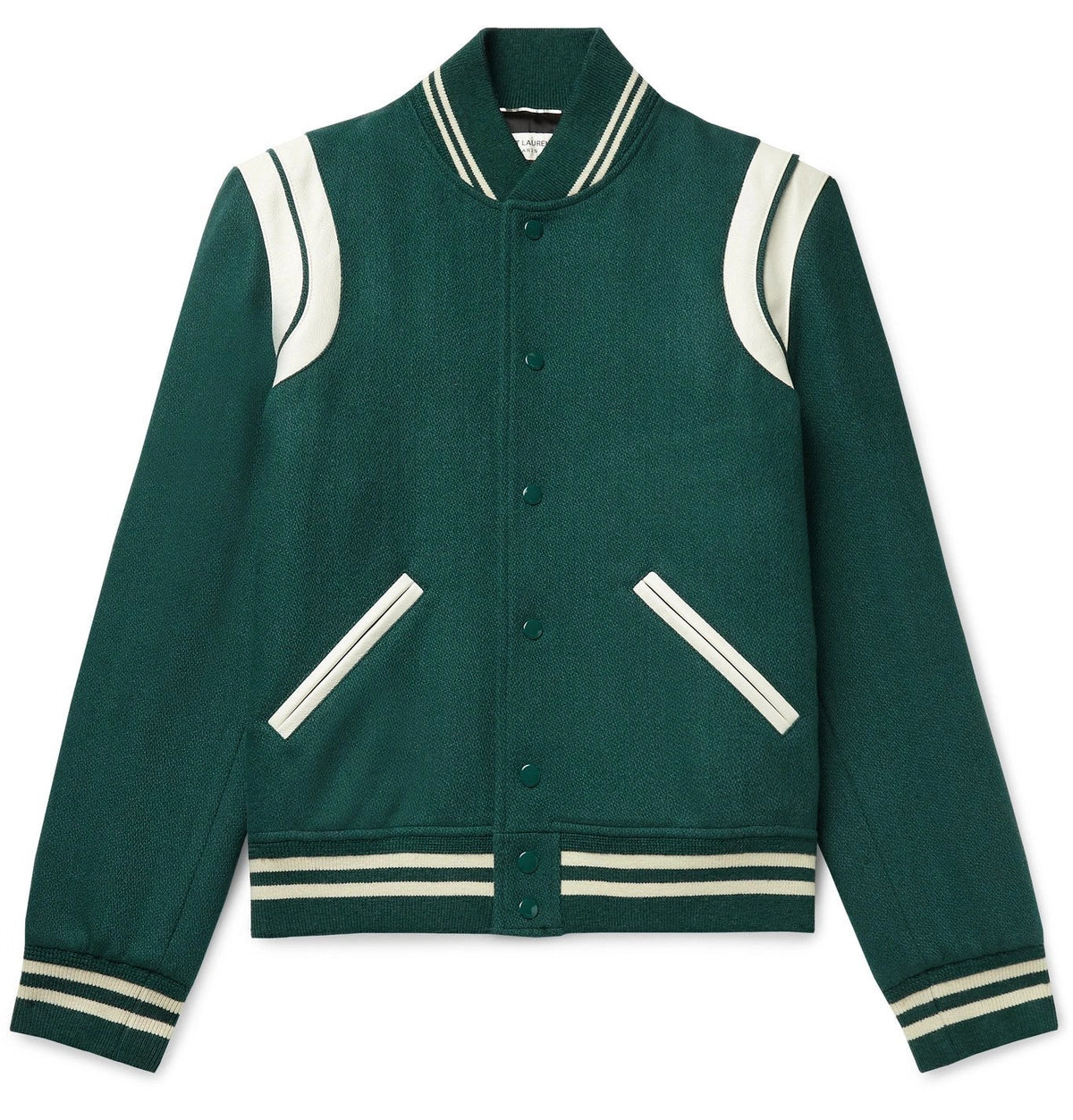 SAINT LAURENT TEDDY LEATHER TRIM WOOL VARSITY JACKET