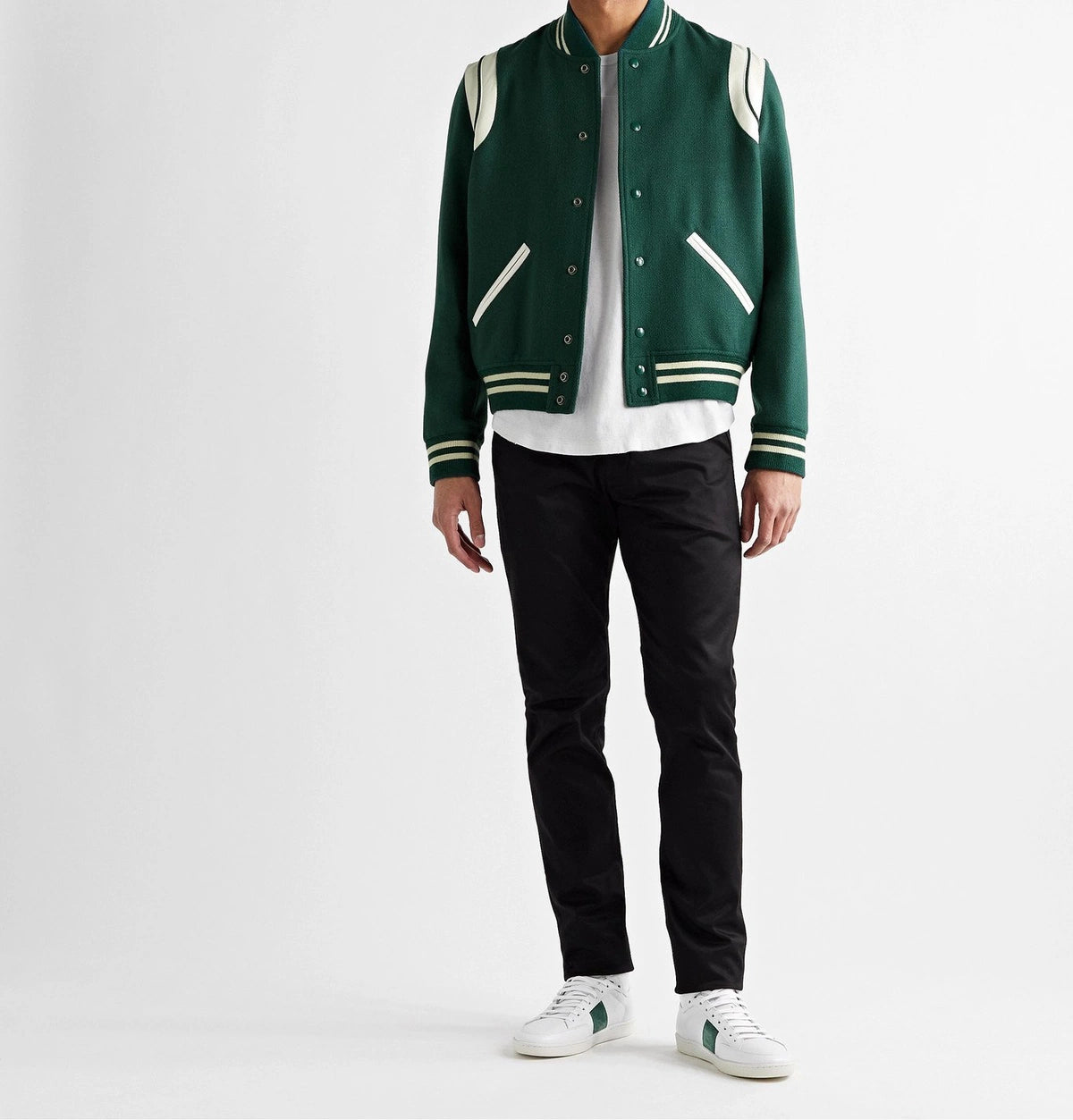 SAINT LAURENT TEDDY LEATHER TRIM WOOL VARSITY JACKET