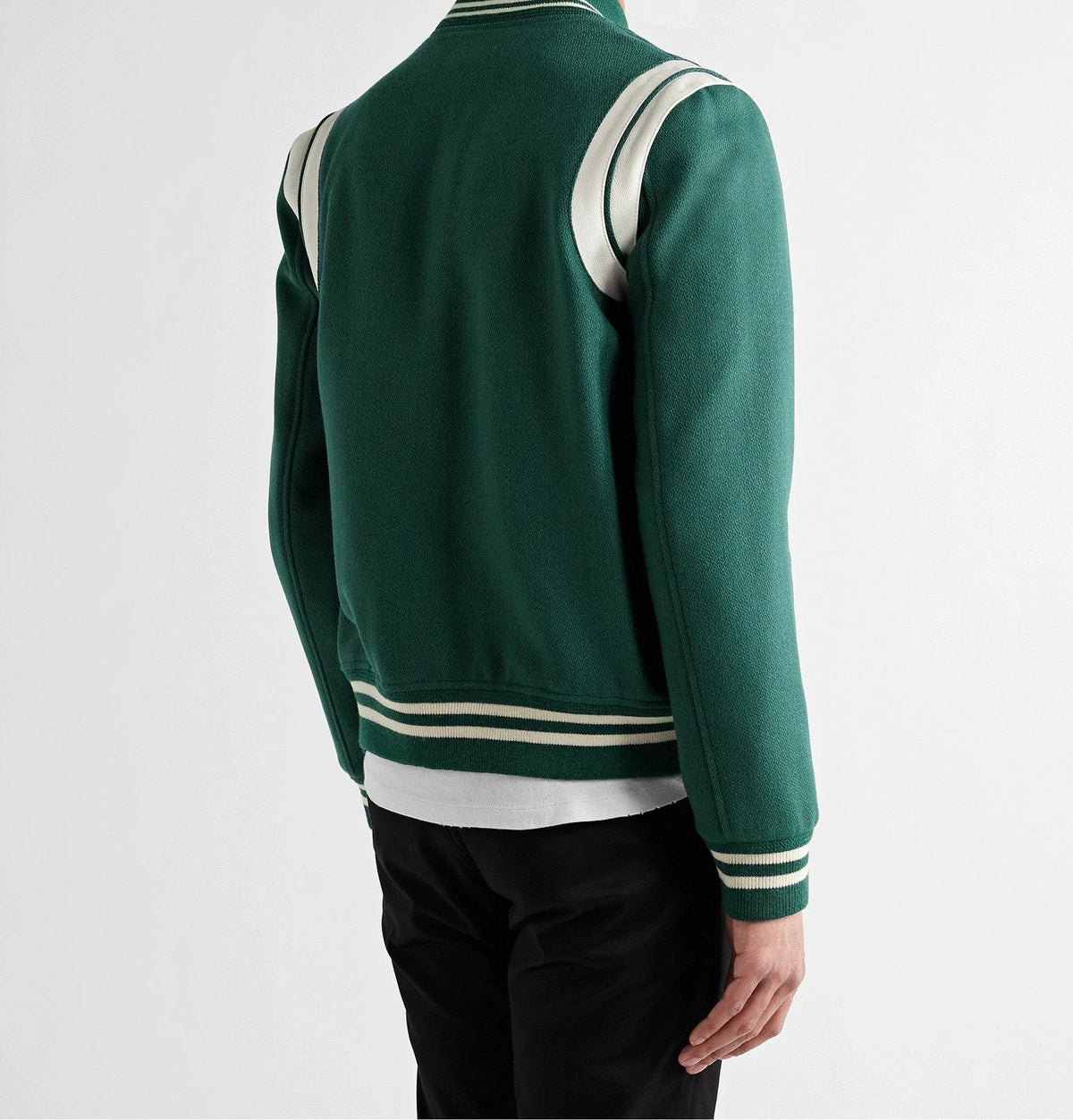 SAINT LAURENT TEDDY LEATHER TRIM WOOL VARSITY JACKET