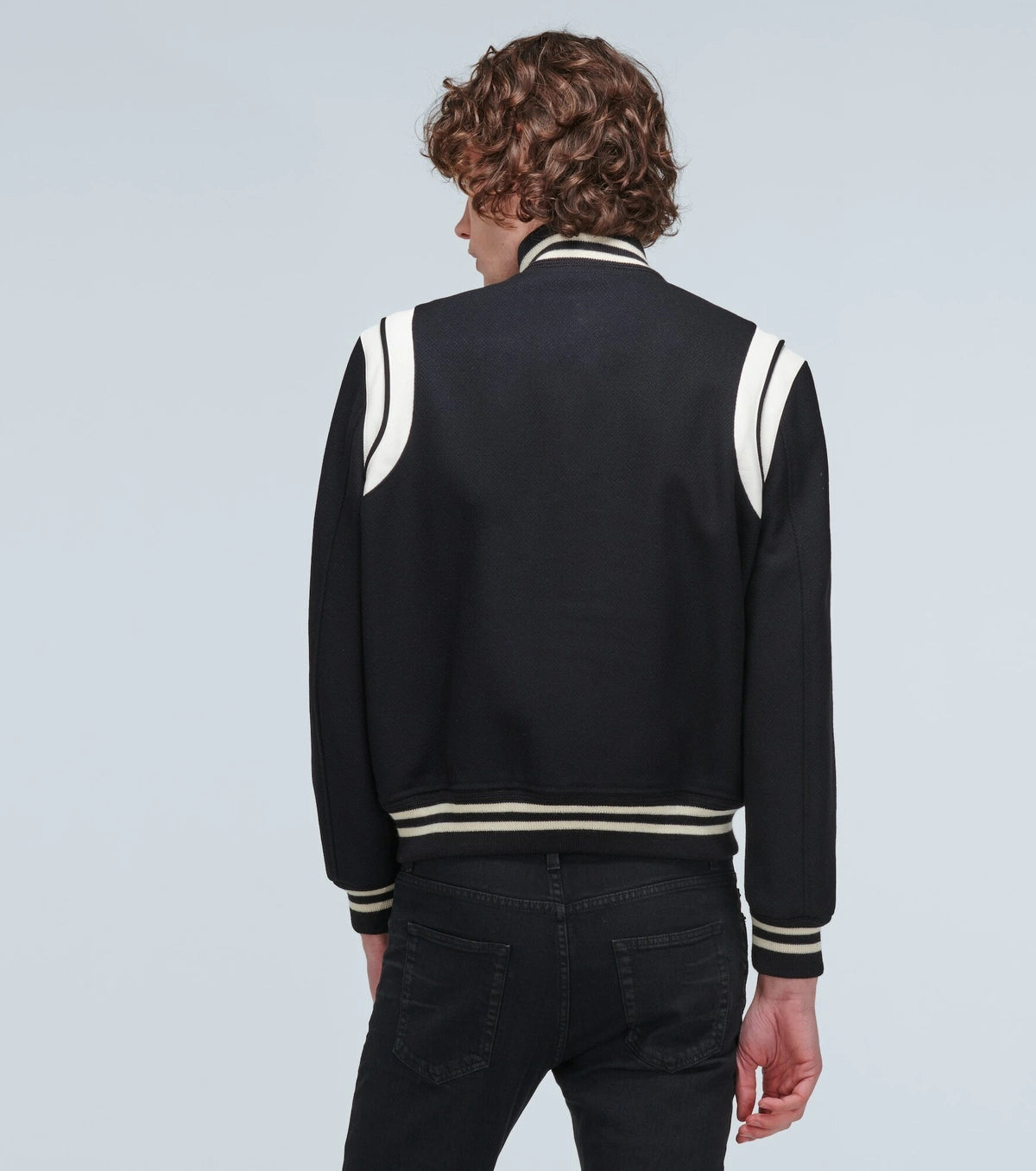 SAINT LAURENT LEATHER TRIM TEDDY VARSITY JACKET