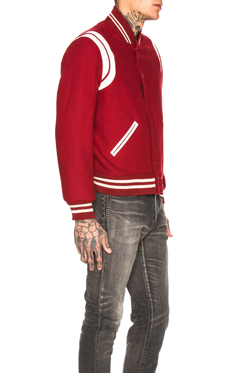 SAINT LAURENT LEATHER TRIM TEDDY VARSITY JACKET