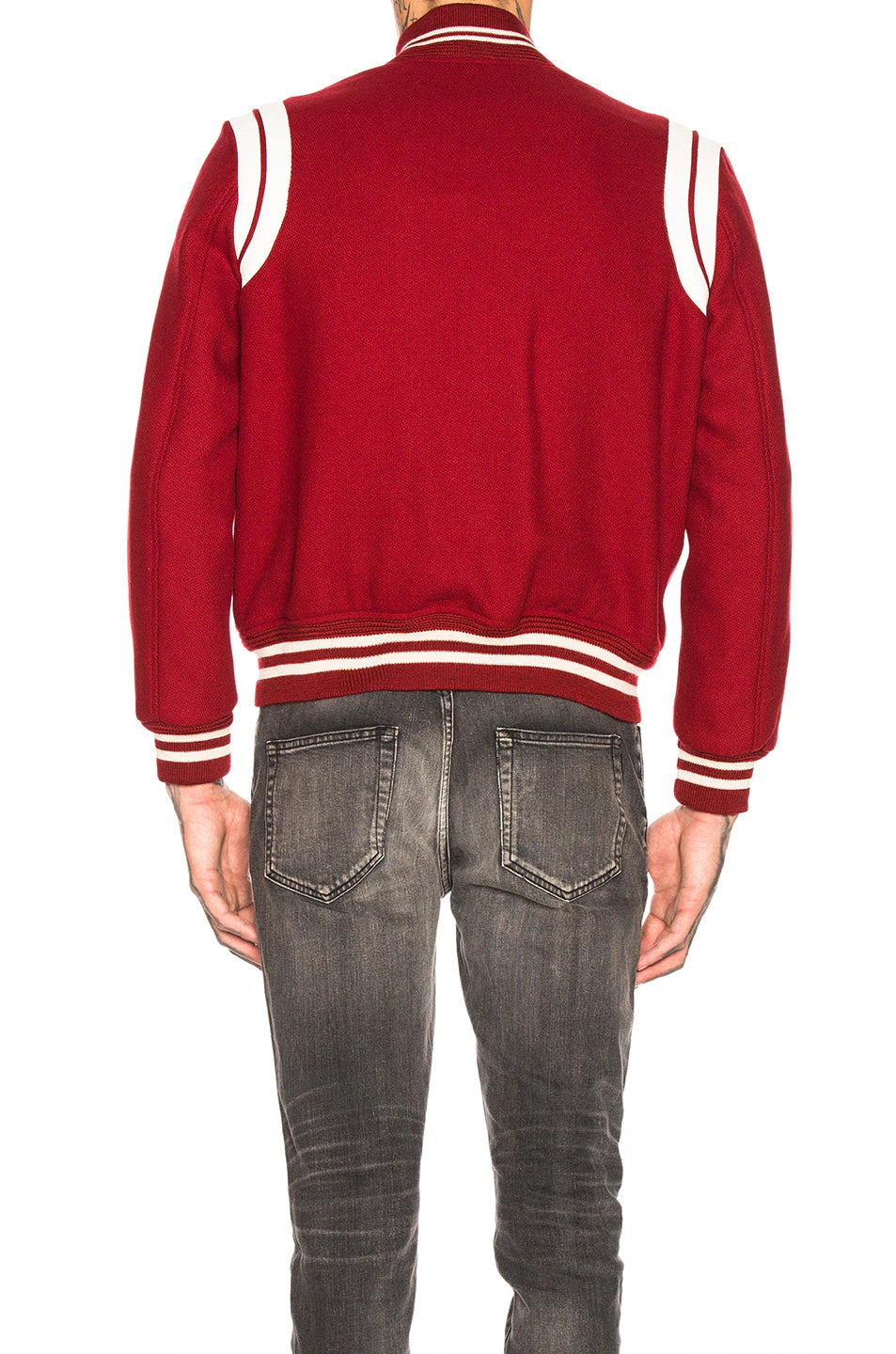 SAINT LAURENT LEATHER TRIM TEDDY VARSITY JACKET