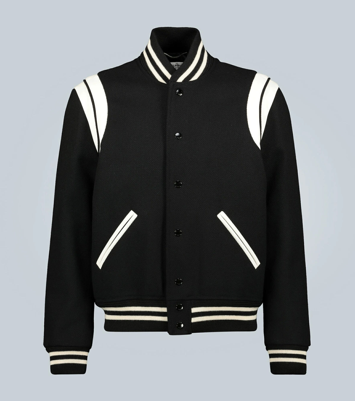 SAINT LAURENT LEATHER TRIM TEDDY VARSITY JACKET