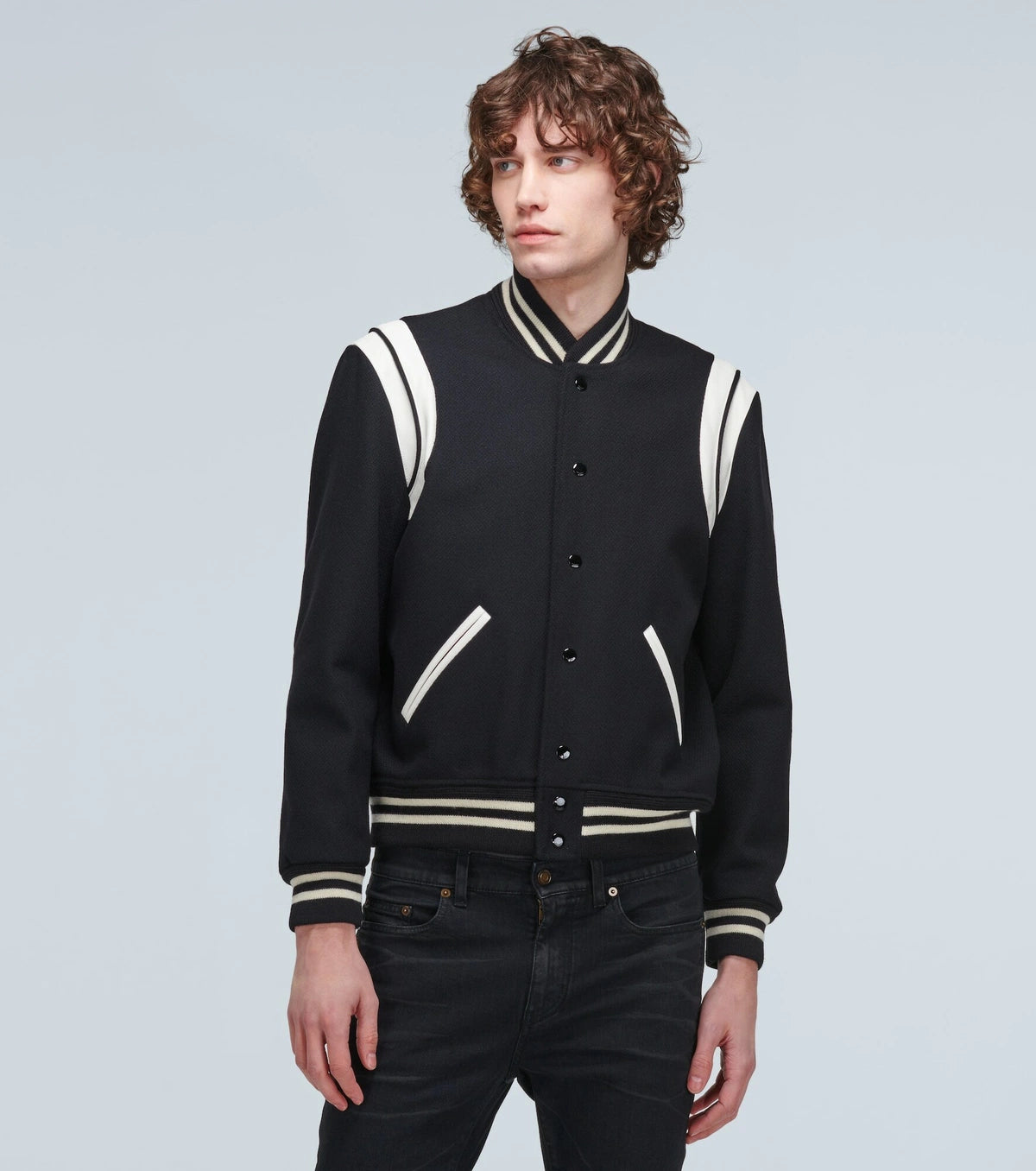 SAINT LAURENT LEATHER TRIM TEDDY VARSITY JACKET