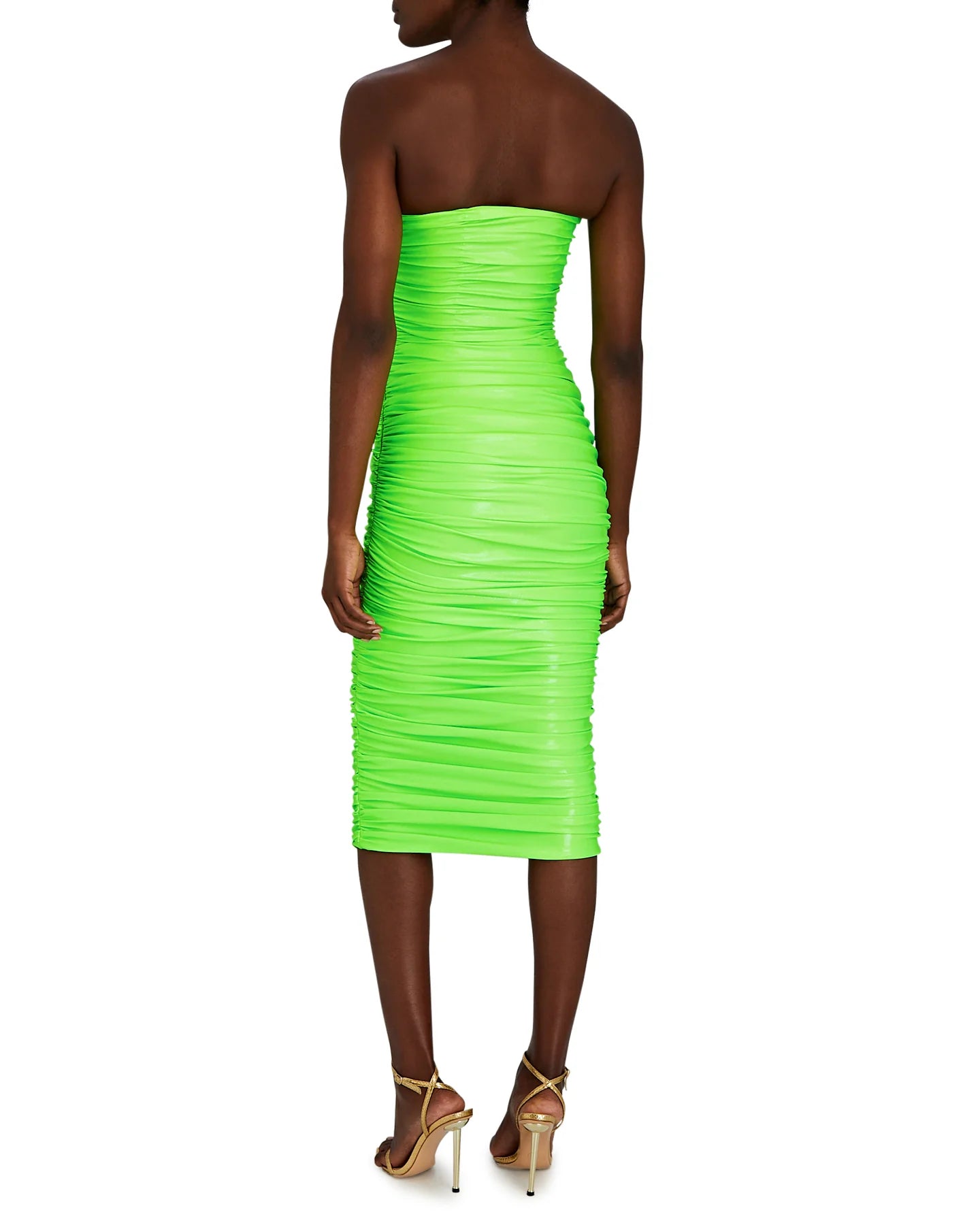 SERGIO HUDSON STRAPLESS COATED RUCHED MIDI DRESS