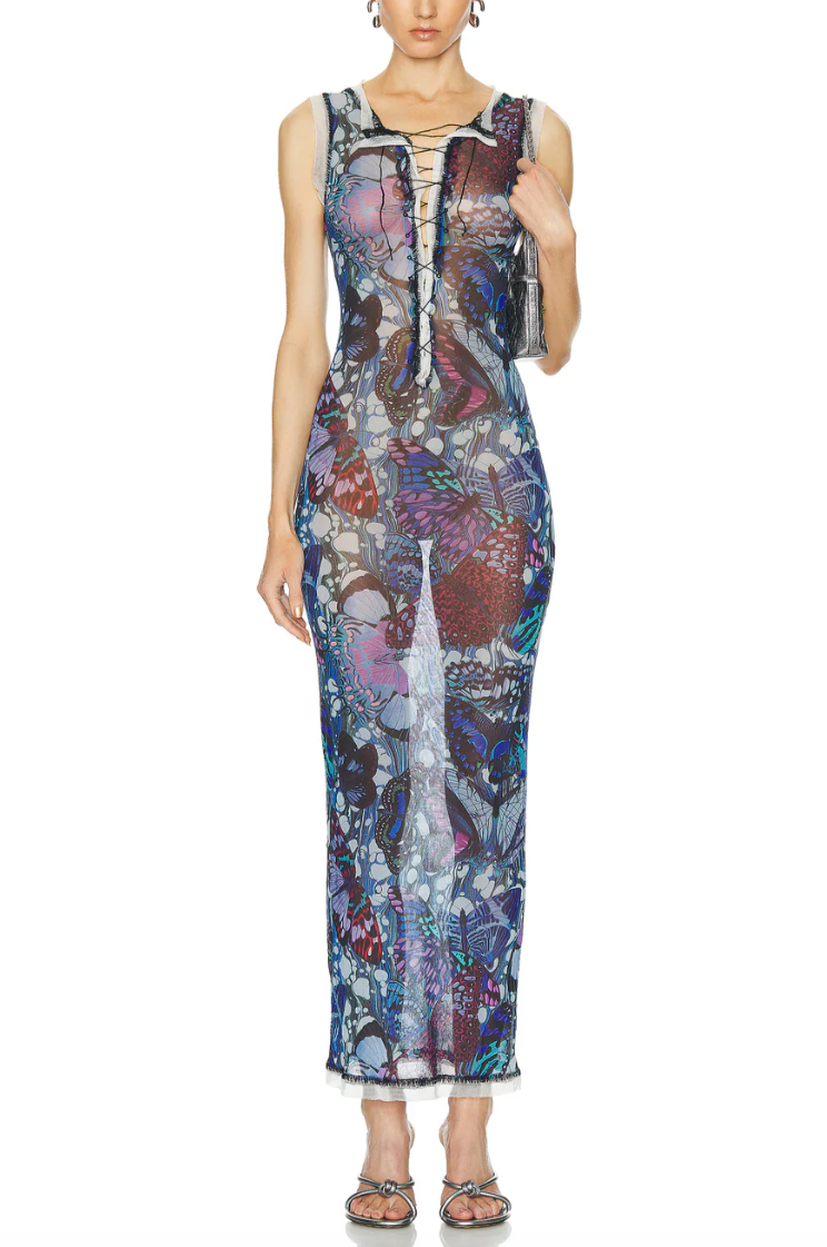 JEAN PAUL GAULTIER SLEEVELESS PAPILLON PRINT DRESS