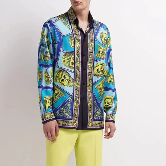 VERSACE LE MASCHERE LONG SLEEVE SILK SHIRT