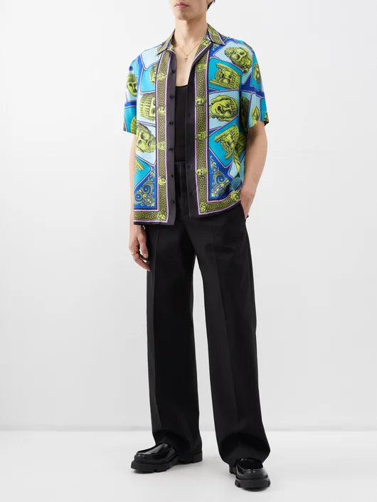 VERSACE LE MASCHERE TEAL SILK SHIRT