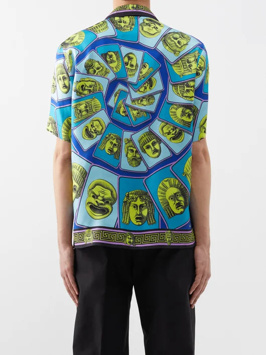 VERSACE LE MASCHERE TEAL SILK SHIRT