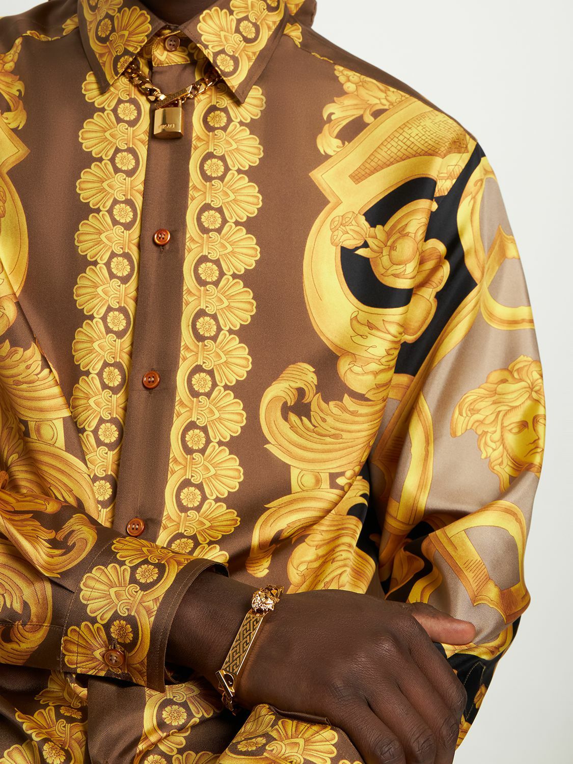 VERSACE GOLD/BEIGE BAROCCO PRINT SILK SHIRT