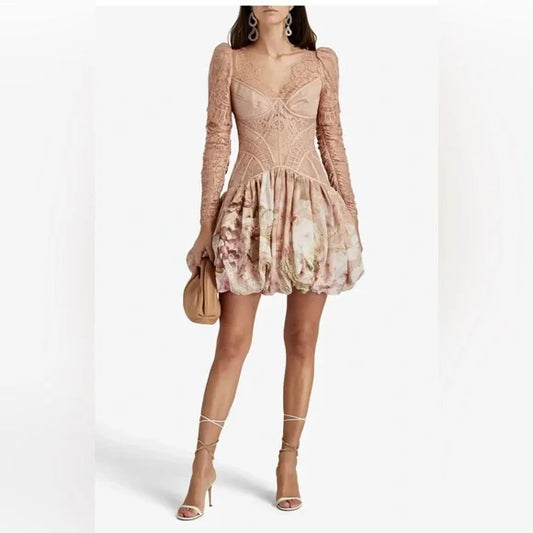 ZIMMERMANN FLCKED SILK AND LINEN TULLE LACE MINI DRESS