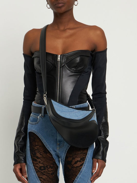 MUGLER DENIM & LEATHER SPIRAL CURVE BAG