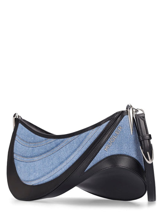 MUGLER DENIM & LEATHER SPIRAL CURVE BAG