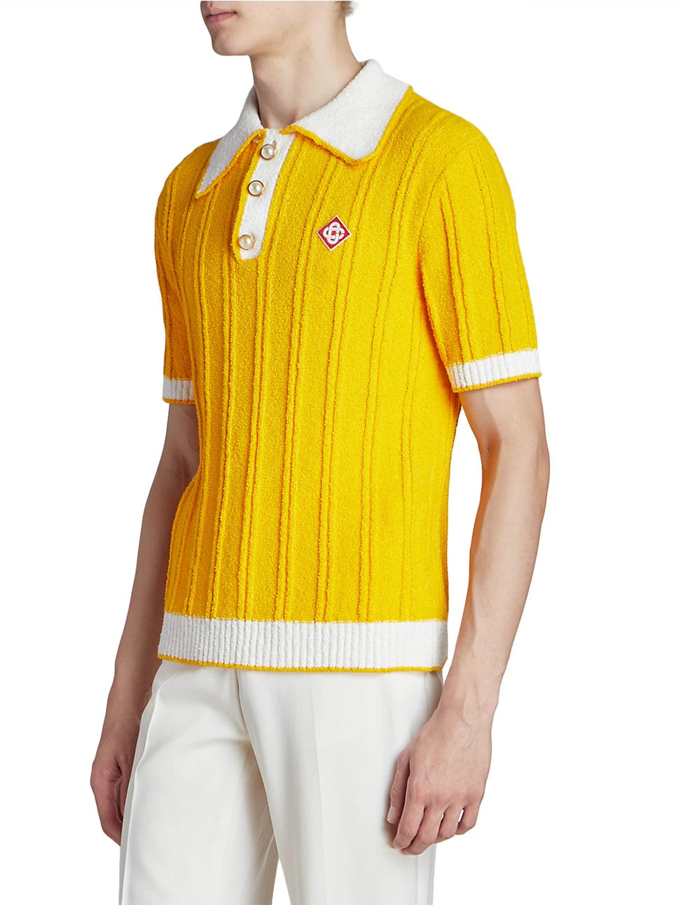 Yellow polo shirt with white sale collar