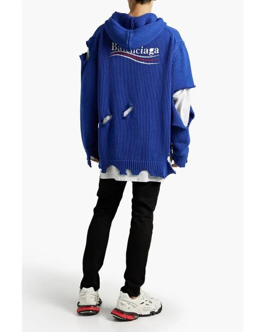 Balenciaga Blue Logo Distressed Cotton Sweatshirt Hoodie M