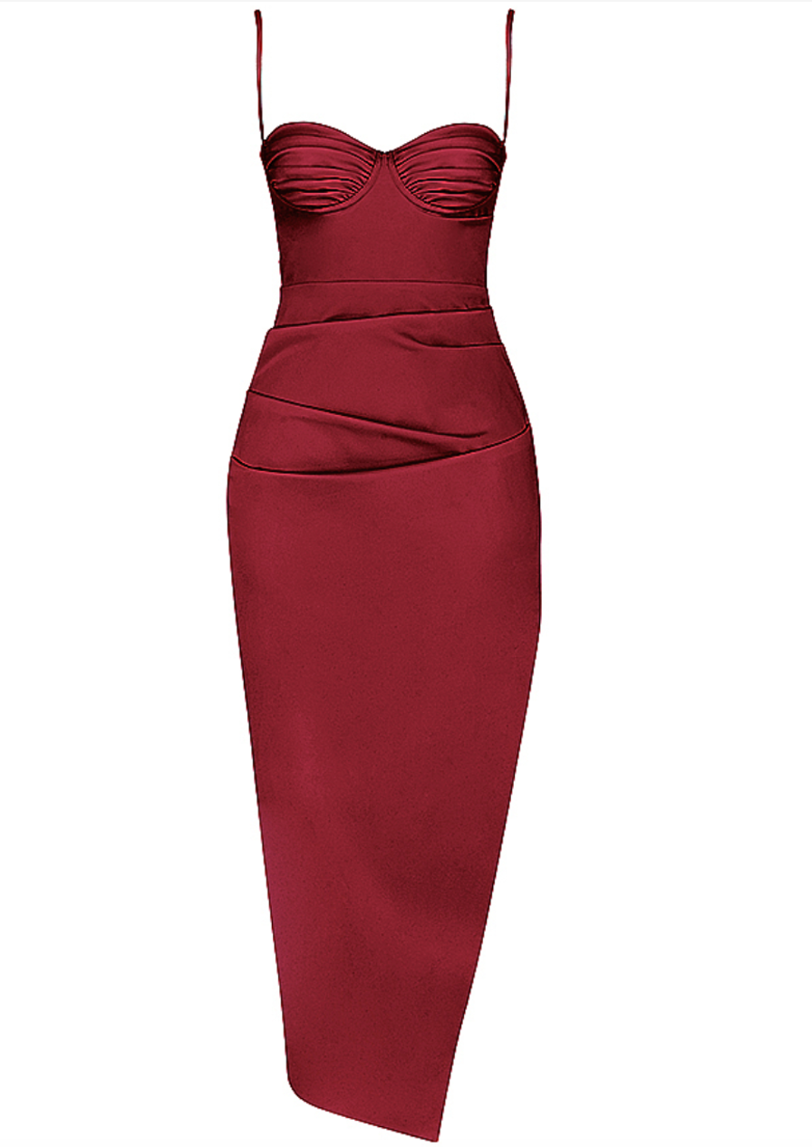 HOUSE OF CB FLORA SATIN PLEATED MIDI DRESS