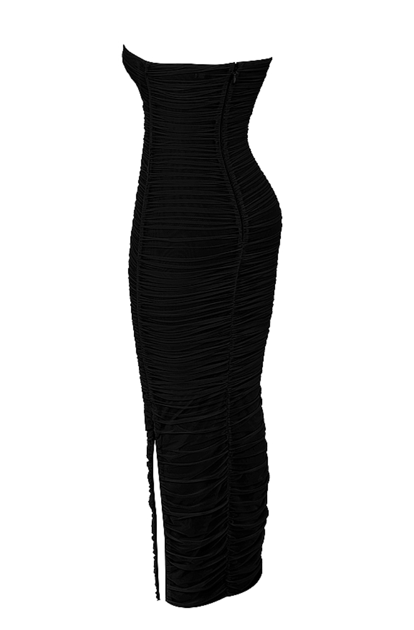 house of cb black ruched dress House Of Cb Santana Strapless Satin Midi Dress in Black