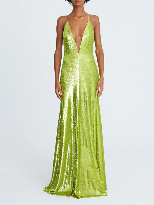 HALSTON SEQUIN PLUNGE VNECK GOWN