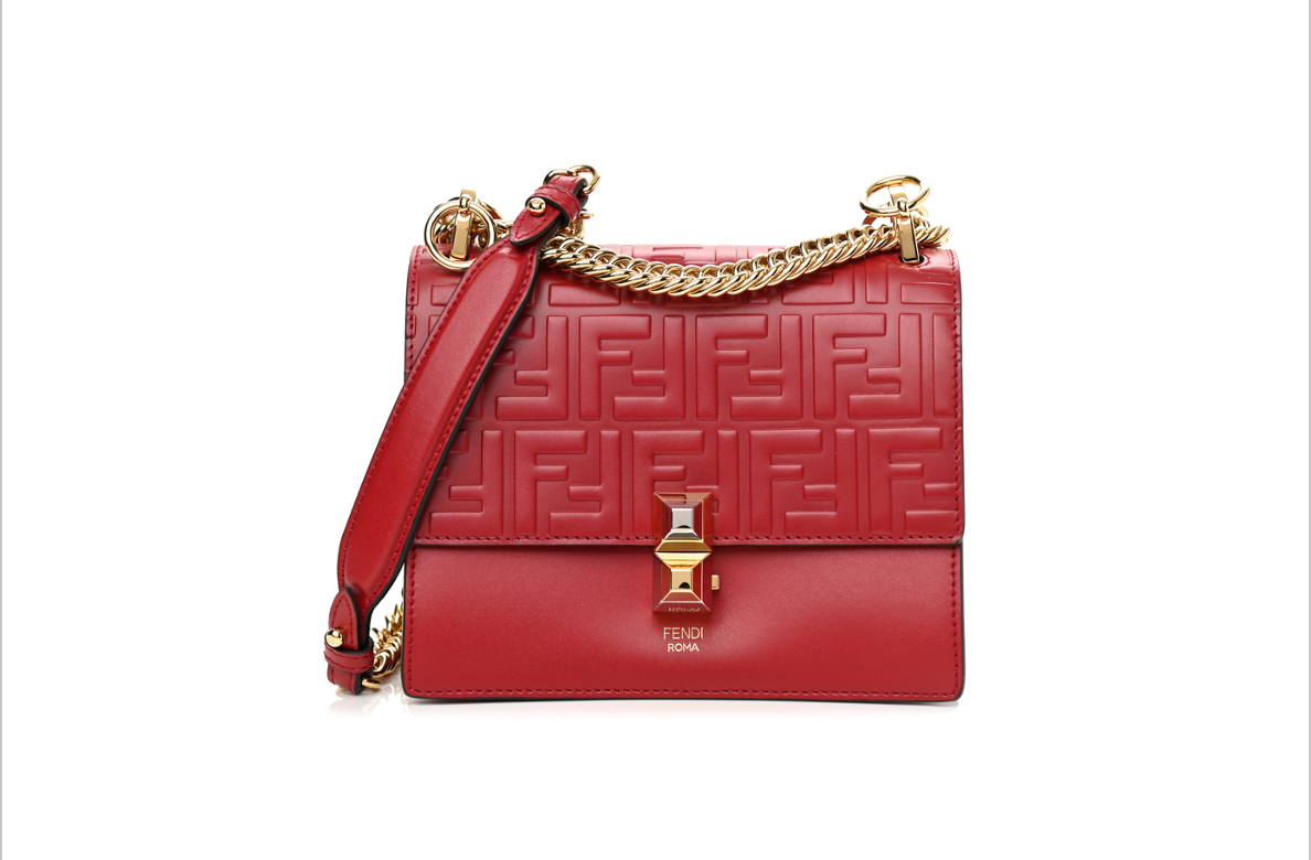 Fendi Kan I Crossbody FF Small Red in Embossed Leather with Gold