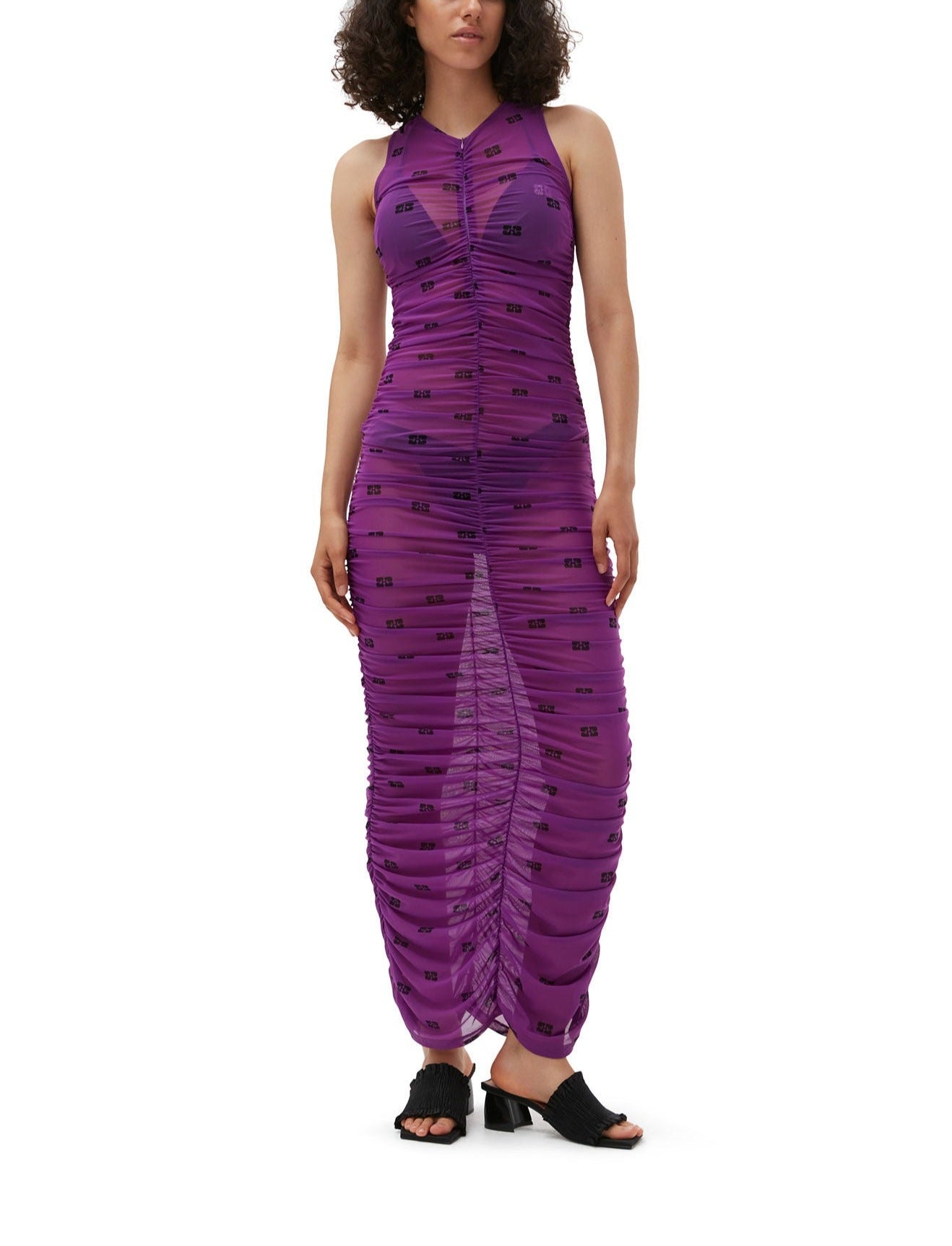 ganni printed mesh dress Ganni Blue Printed Mesh O-neck Ruched Long Dress
