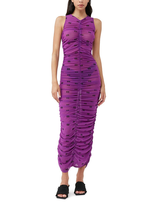 GANNI PRINTED MESH RUCHED DRESS